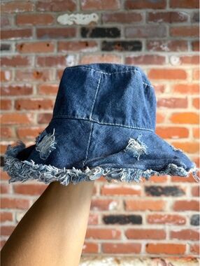Distressed Denim Bucket Hat with Frayed Edges
